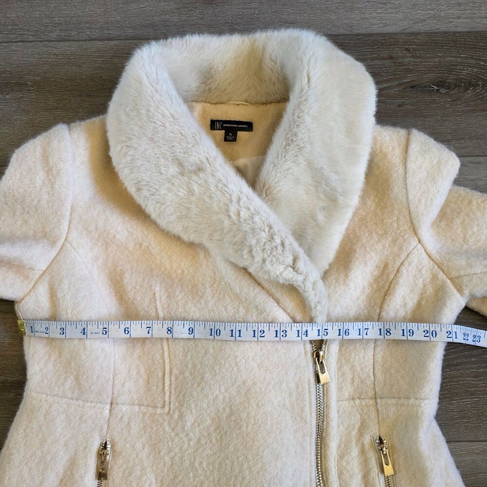 INC Faux-Fur-Trim Asymmetrical Walker Midi Coat Ivory Womens XL Wool Overcoat - Picture 6 of 7